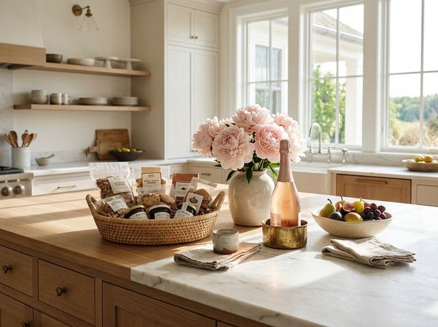 A welcome basket and fresh flowers waiting in a sunlit kitchen.