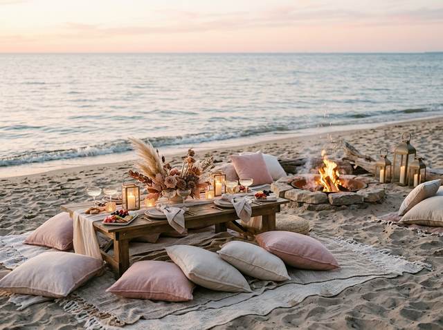 An intimate lakeside bonfire with low tables, cushions and flowers at sunset.