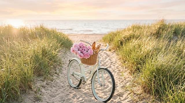 A bicycle with a basket of flowers beside the Lake Michigan dunes.