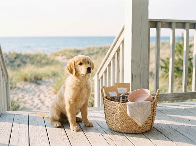 A golden retriever beside a welcome basket on a porch near the lake.