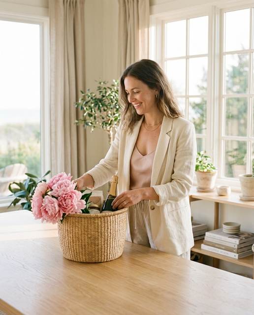 Lea arranging a welcome basket in a sunlit kitchen.